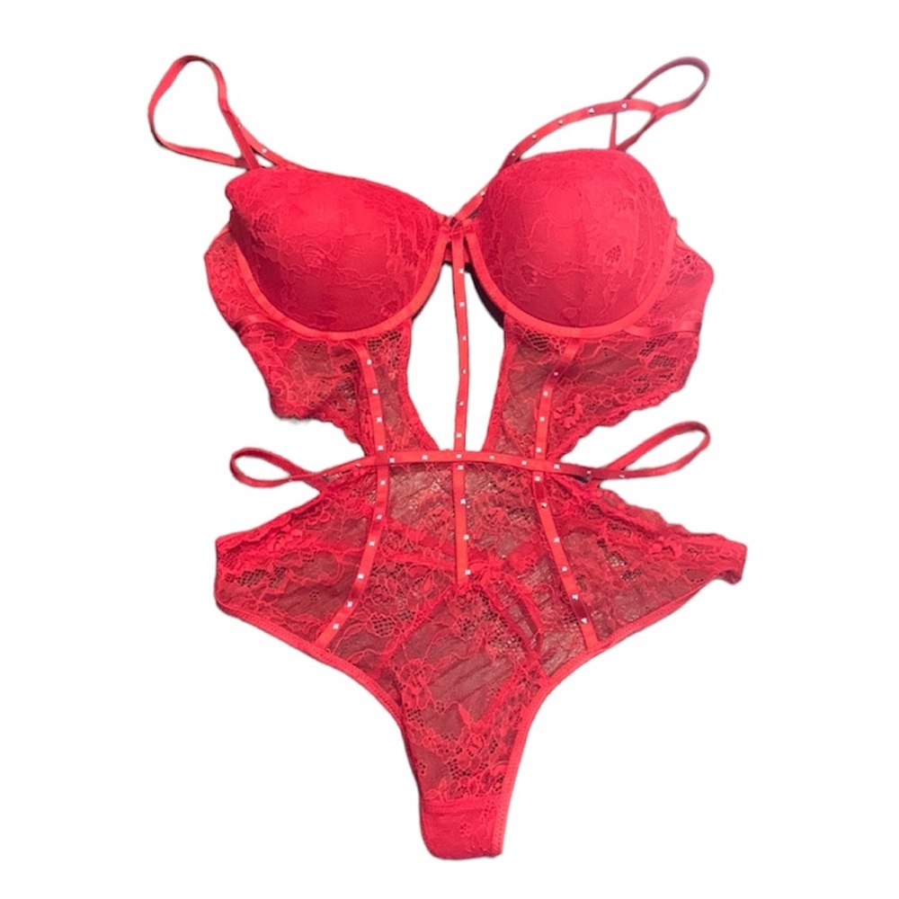 BodyRage Red One Piece Lace Bra Thong Sexy Lingerie Set w Rhinestones Size Large